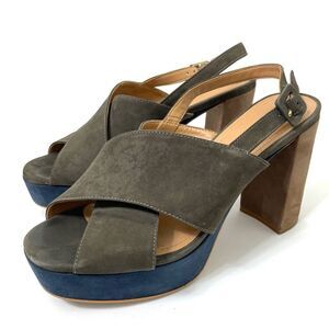 Klub Nico Gray Tan Navy Suede Chunky Heeled Platform Sandals